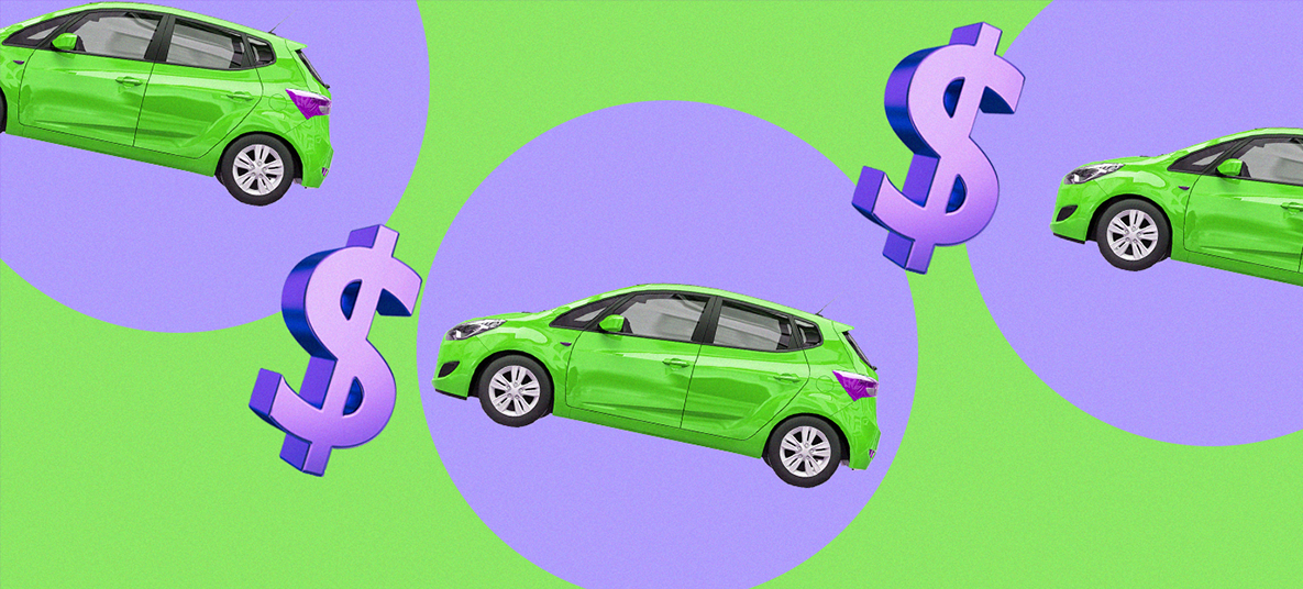 imagem com fundo verde, e três bolas lilás com um carro verde dentro de cada uma. entre as imagens, dois cifrões lilás.