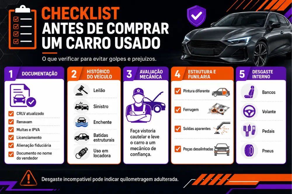 Infográfico checklist automotivo explica como comprar carro usado sem tomar golpe evitando fraudes, documentos irregulares e prejuízos.