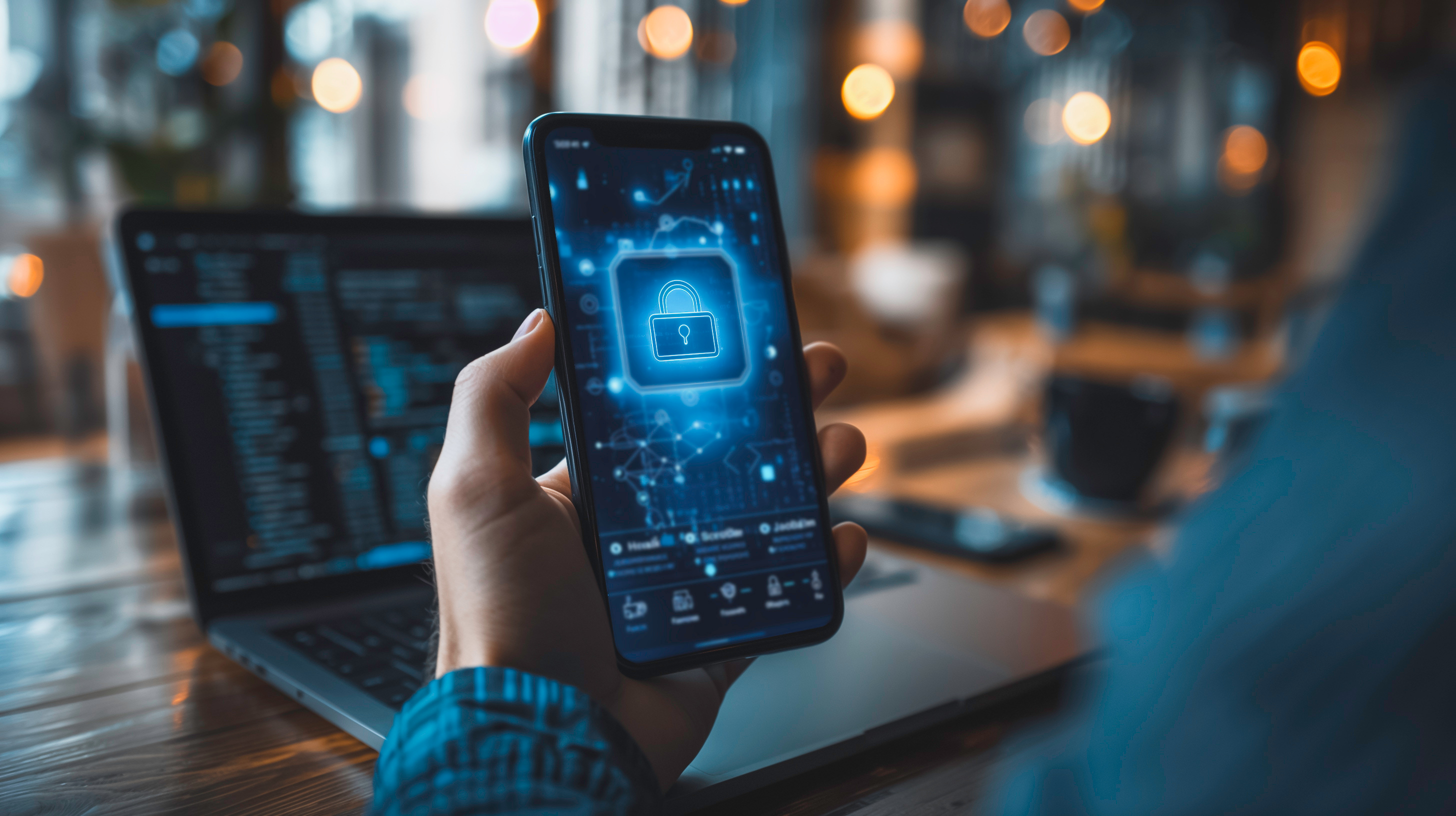 Homem segurando celular com cadeado na tela simbolizando "segurança"