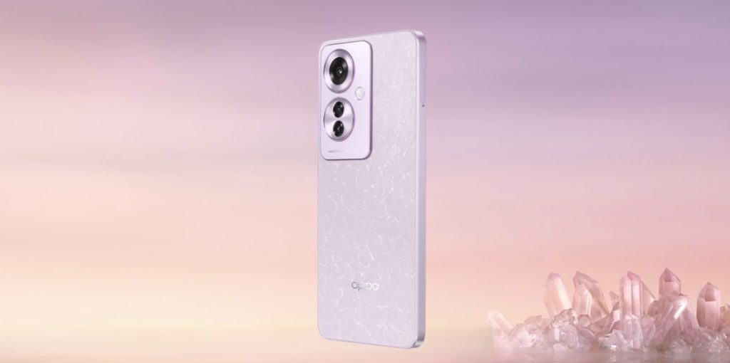 celular oppo reno 11 lilas em fundo rosa