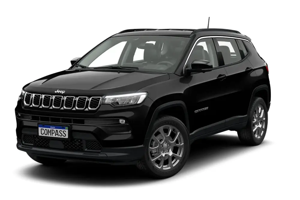 Imagem do novo jeep compass 2026 em estúdio com fundo branco, destacando SUV preto, design moderno, linhas robustas, grade frontal icônica e acabamento sofisticado.
