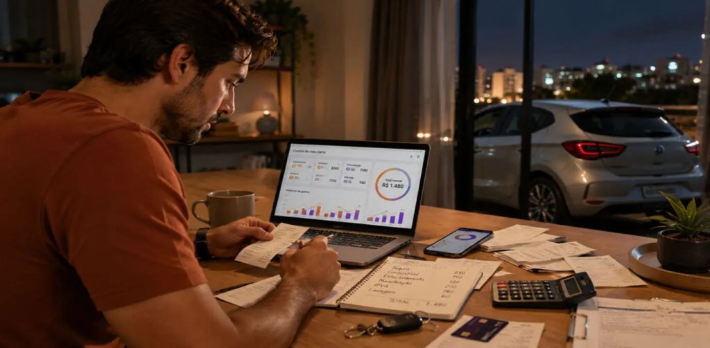 Motorista brasileiro analisando gastos automotivos em casa com notebook, documentos e carro hatch ao fundo durante planejamento financeiro.
