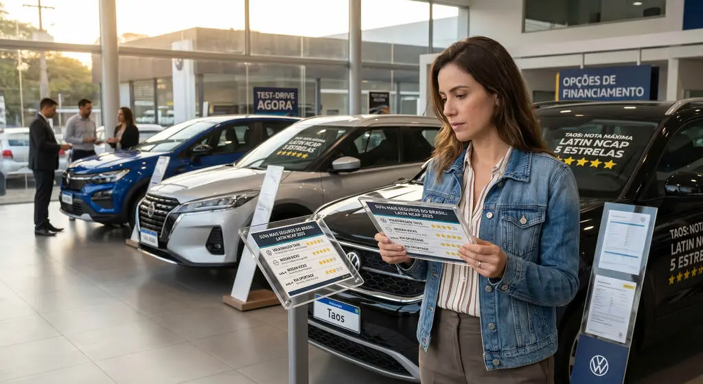 Mulher em uma concessionária analisando uma lista de classificação do Latin NCAP com as notas de estrelas de segurança para SUVs como Volkswagen Taos e Nissan Kicks.
