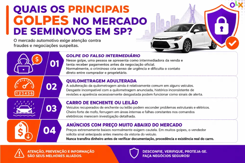 Infográfico do guia de carro seminovos SP mostrando golpes comuns, fraudes automotivas e sinais de alerta importantes.