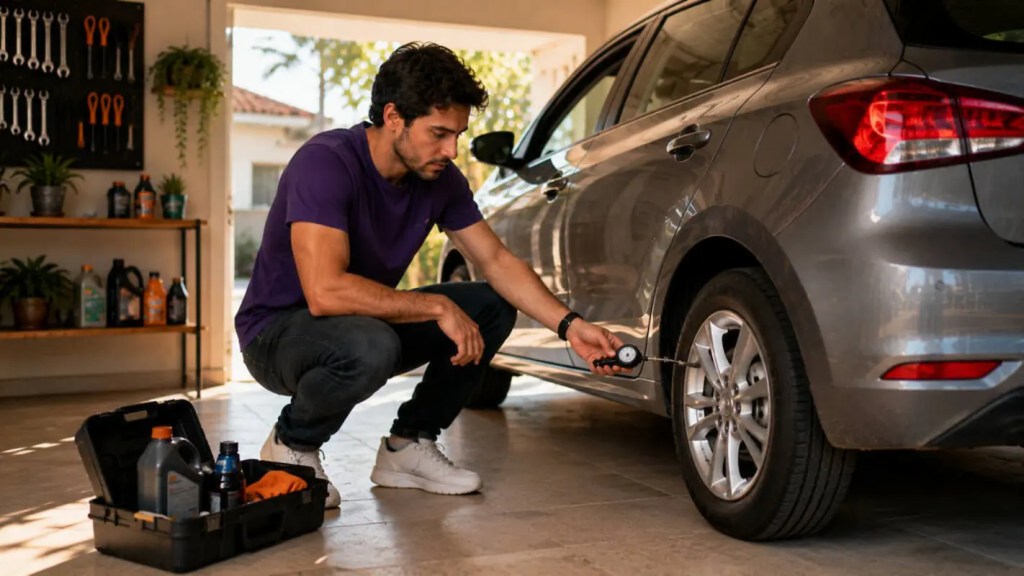 Pessoa realizando manutenção preventiva em hatch compacto moderno em garagem residencial, verificando pneus e cuidados básicos do veículo.